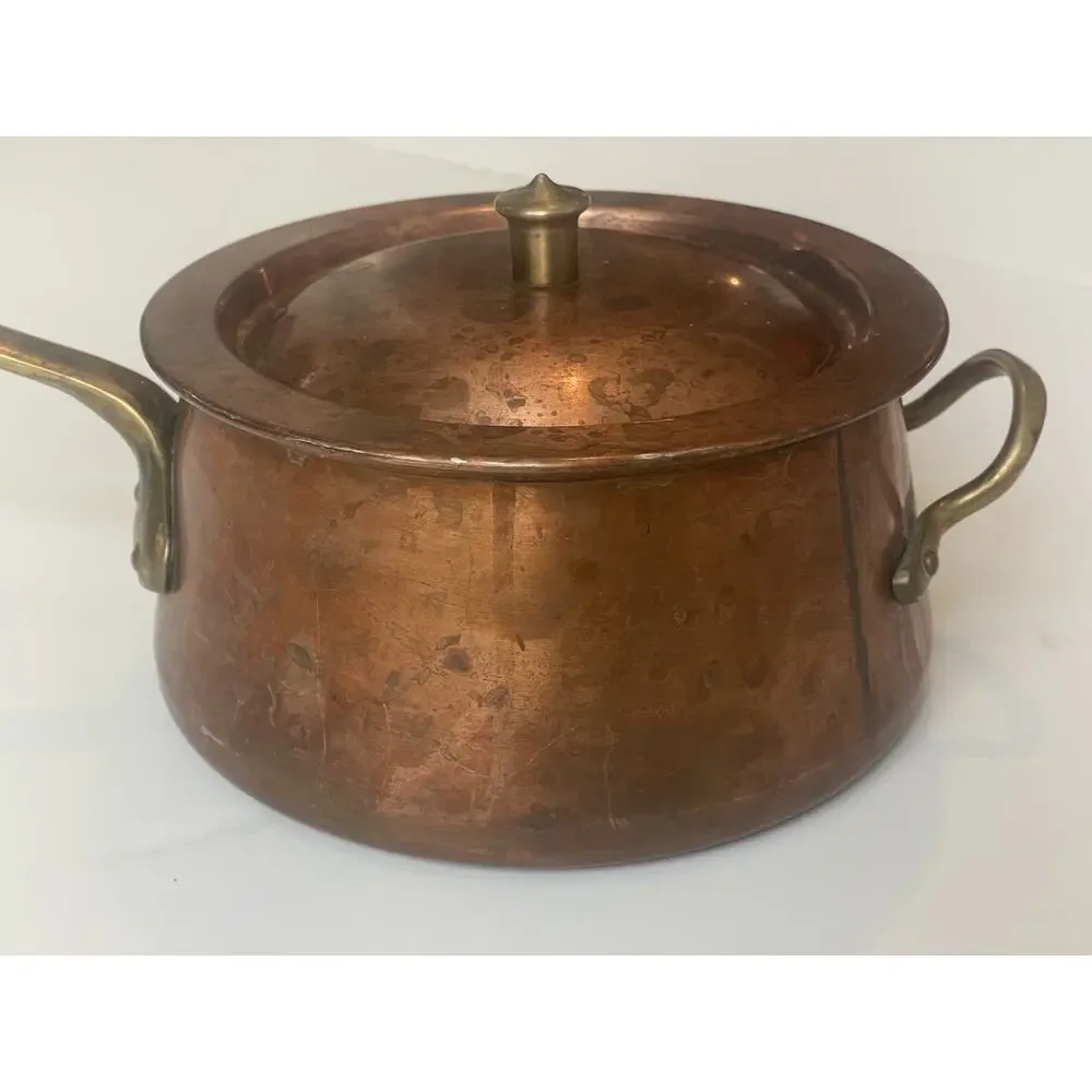 VTG Taurus Portugal Copper Saucepan Brass Handle Tin Lined Pot w/ Lid Cookware
